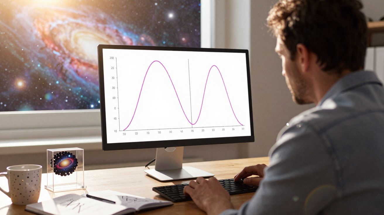 Homem analisa gráfico de curvas no monitor em ambiente com tema espacial e janela com imagem de galáxia.