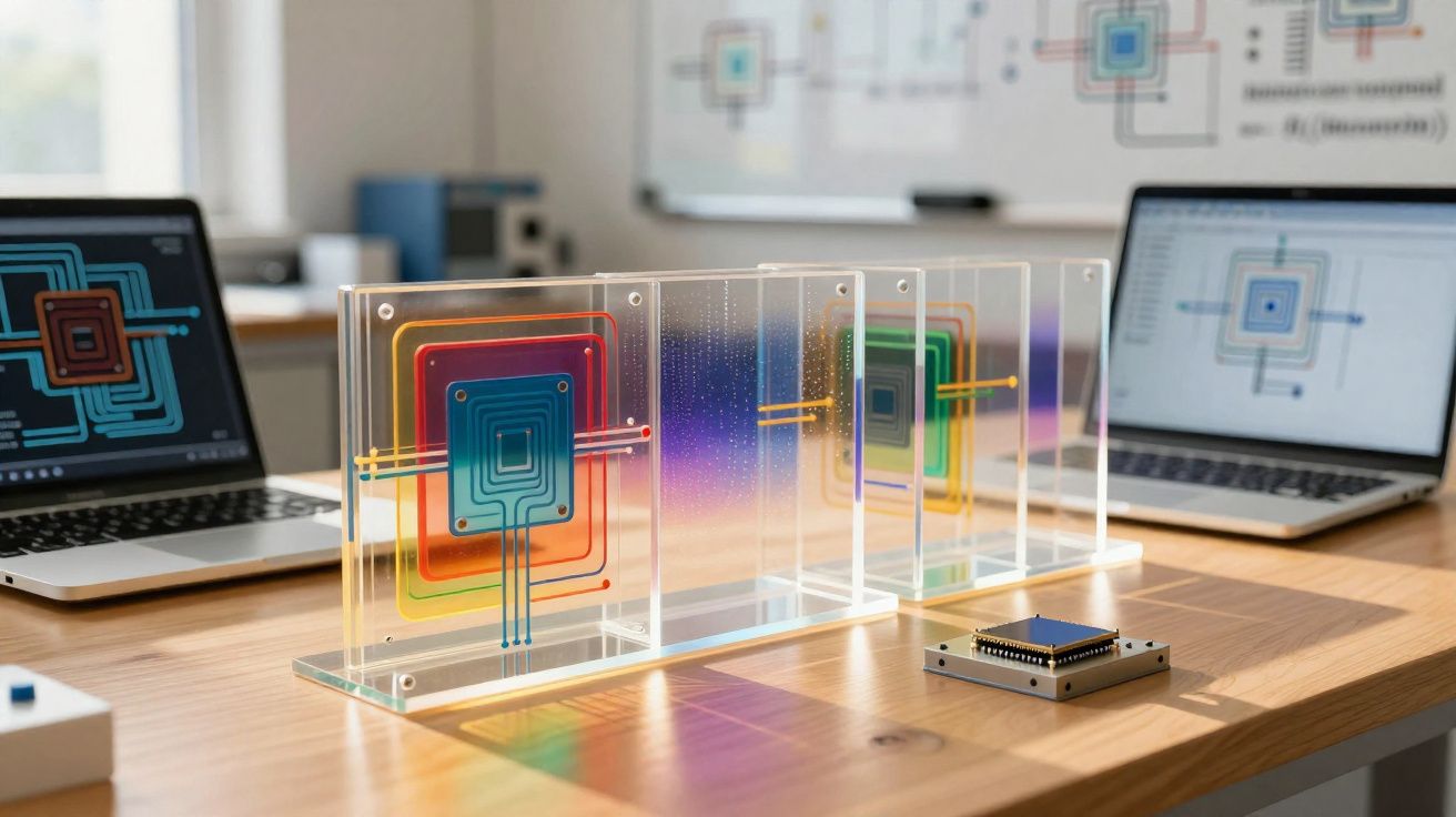 Modelo transparente de chip eletrônico colorido em bancada com dois notebooks ao fundo exibindo gráficos similares.