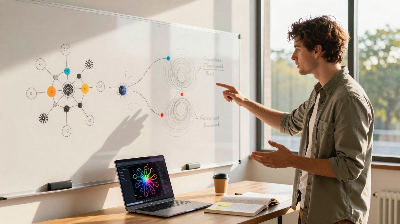 Homem explicando diagrama químico desenhado em quadro branco, com notebook e livro em mesa ao lado.