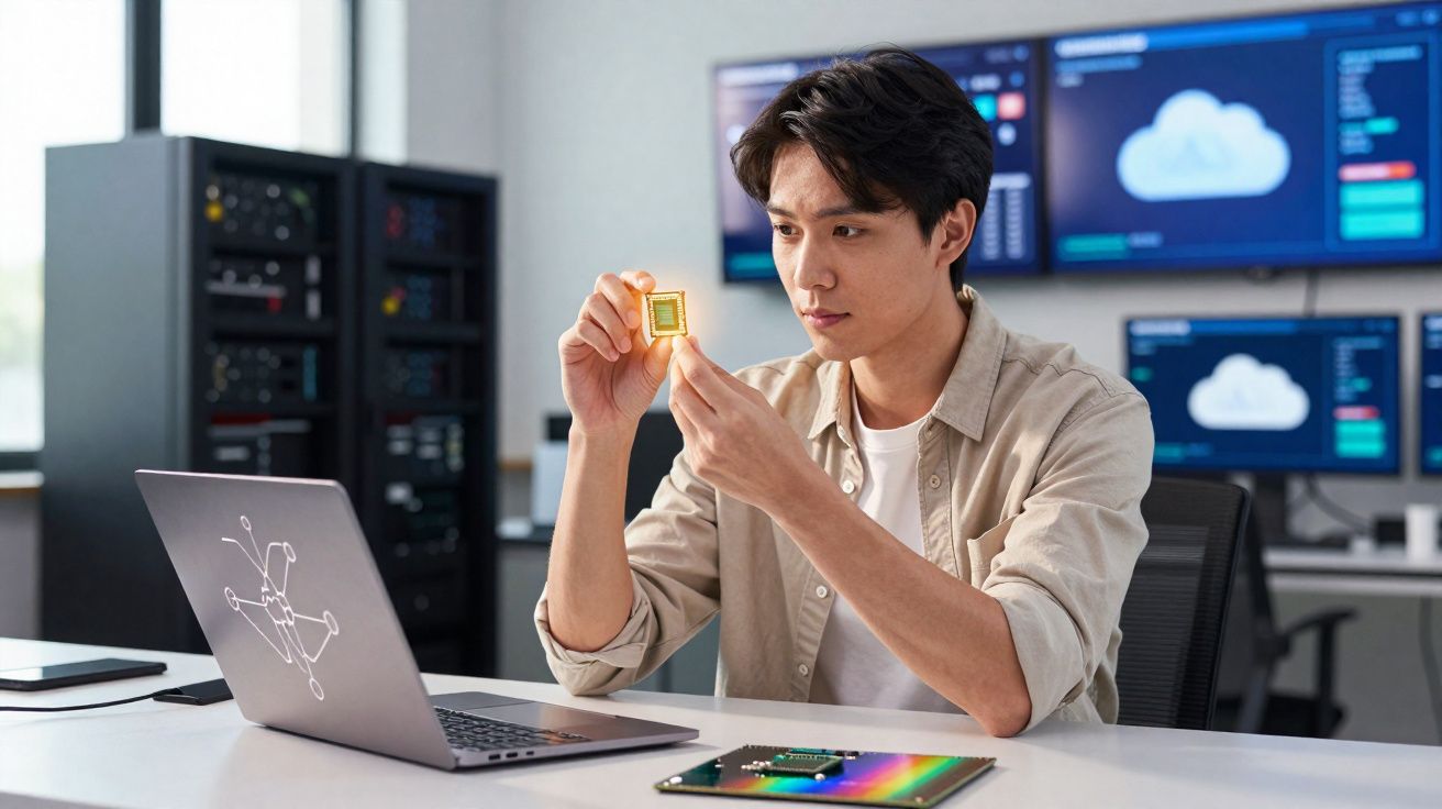 Homem analisando um chip eletrônico em escritório com laptop e monitores ao fundo mostrando dados em nuvem.