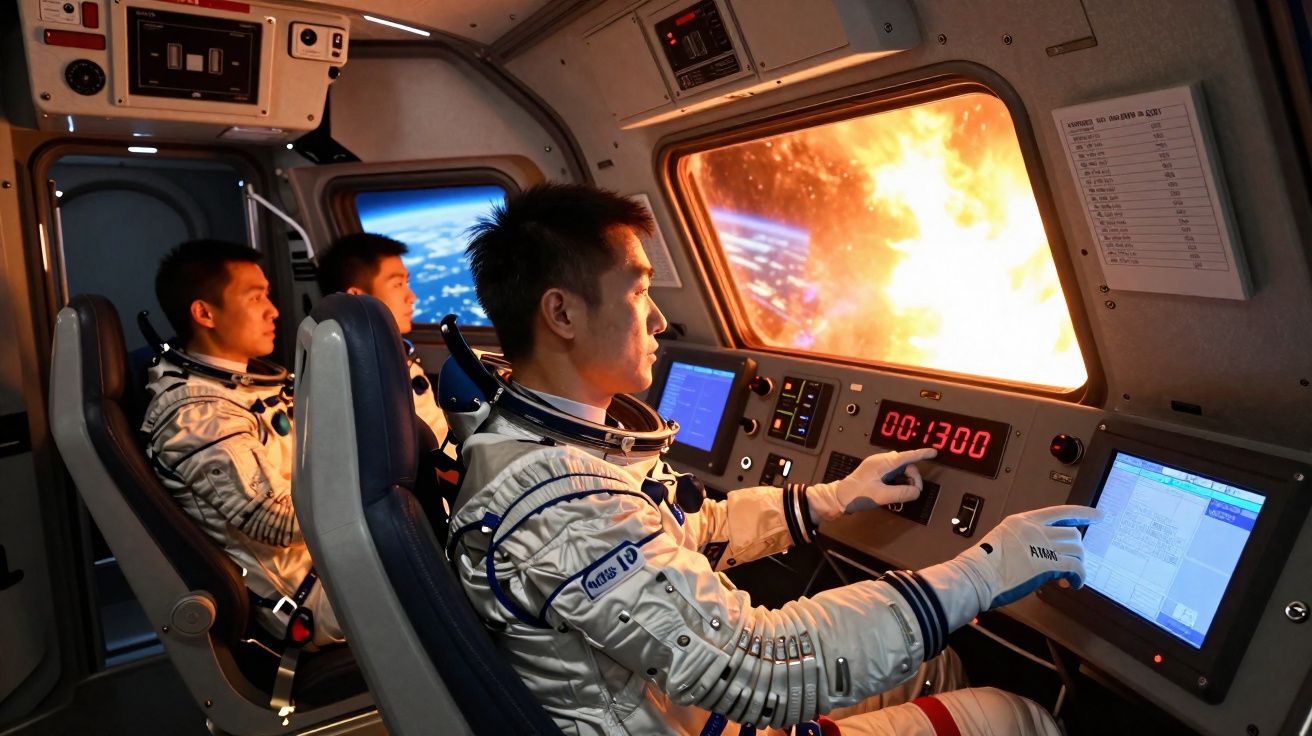 Astronautas chineses dentro de módulo espacial simulando controle enquanto observam explosão no espaço.