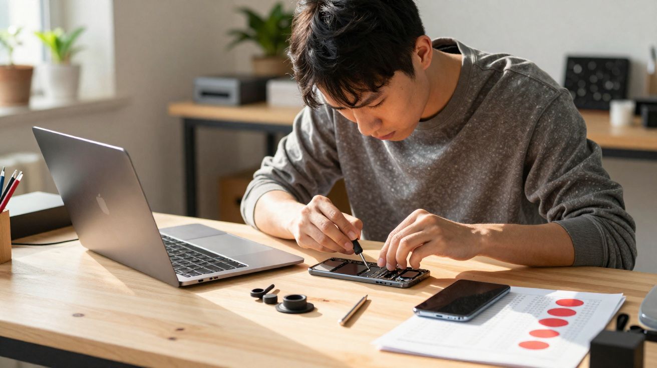 Jovem conserta celular com ferramentas em mesa ao lado de notebook e documentos com gráficos.