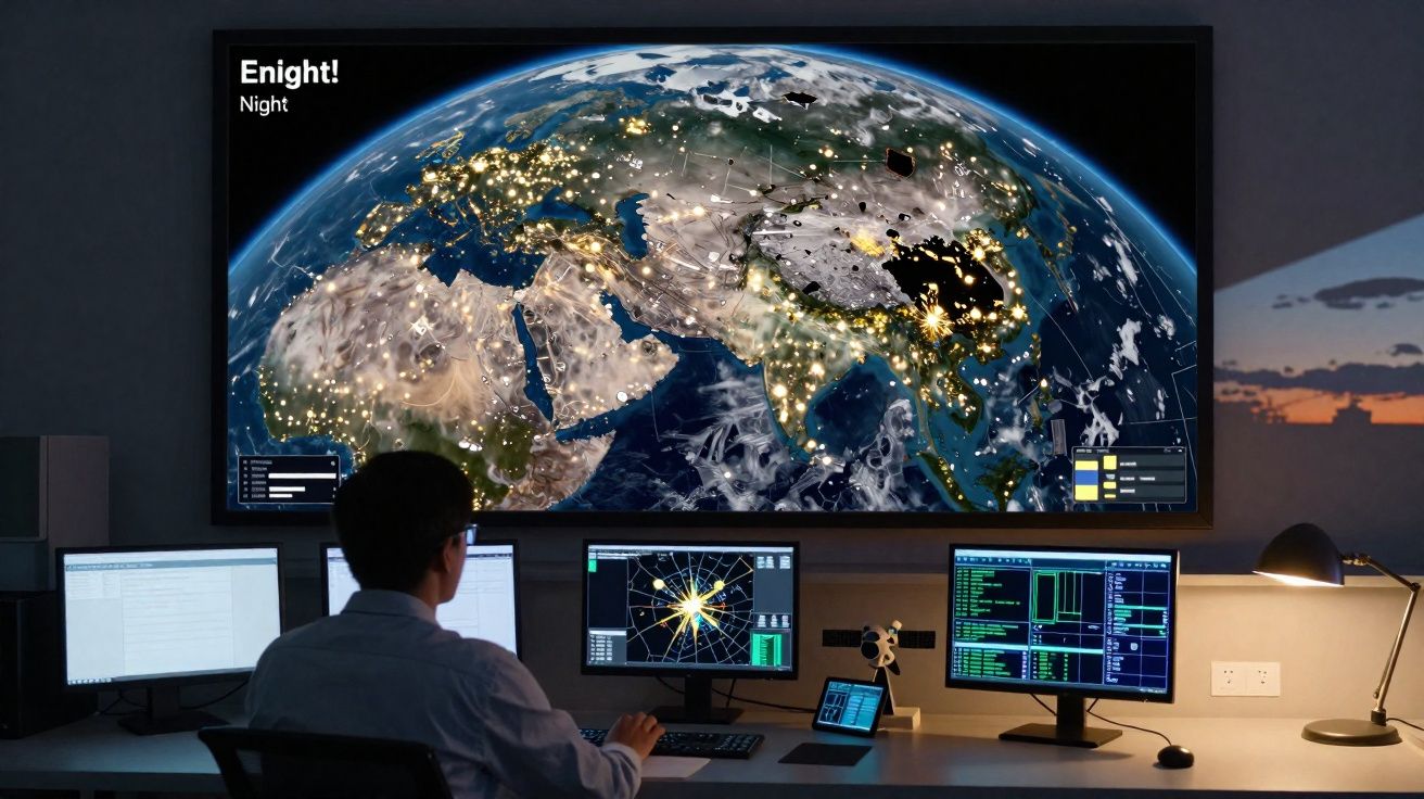 Pessoa em centro de controle observando mapa digital da Terra com luzes de cidades à noite exibido em tela gigante.