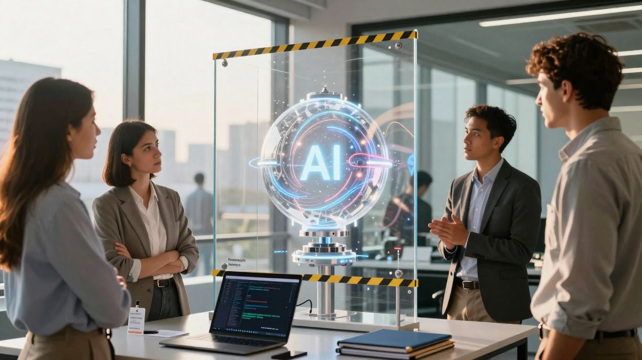 Quatro jovens profissionais discutem IA holográfica futurista em escritório moderno com laptop e documentos.