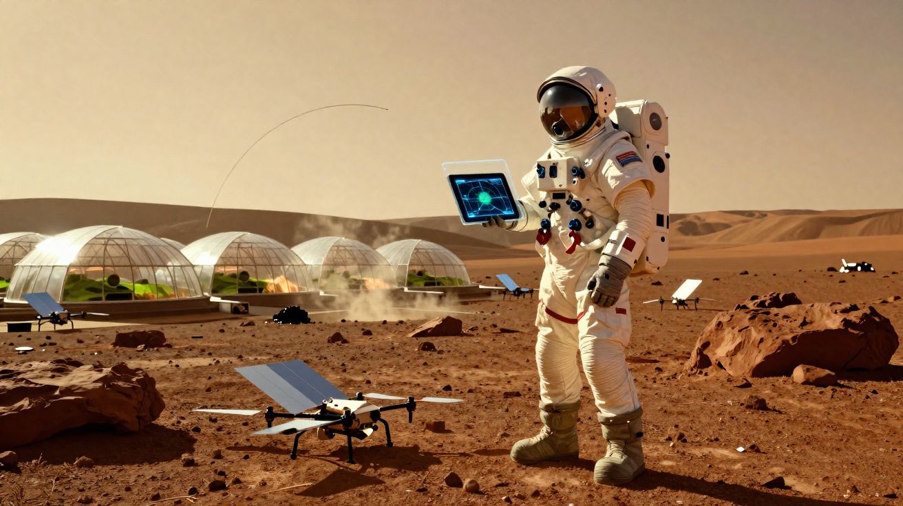 Astronauta em traje espacial segurando tablet em base científica com domos em solo marciano árido.
