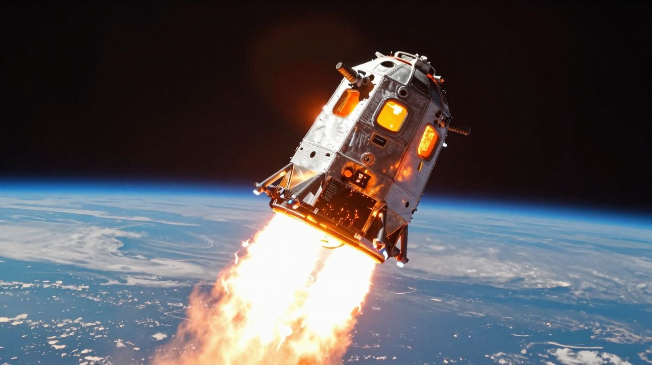 Nave espacial com propulsão a jato ascendendo acima da Terra no espaço sideral.