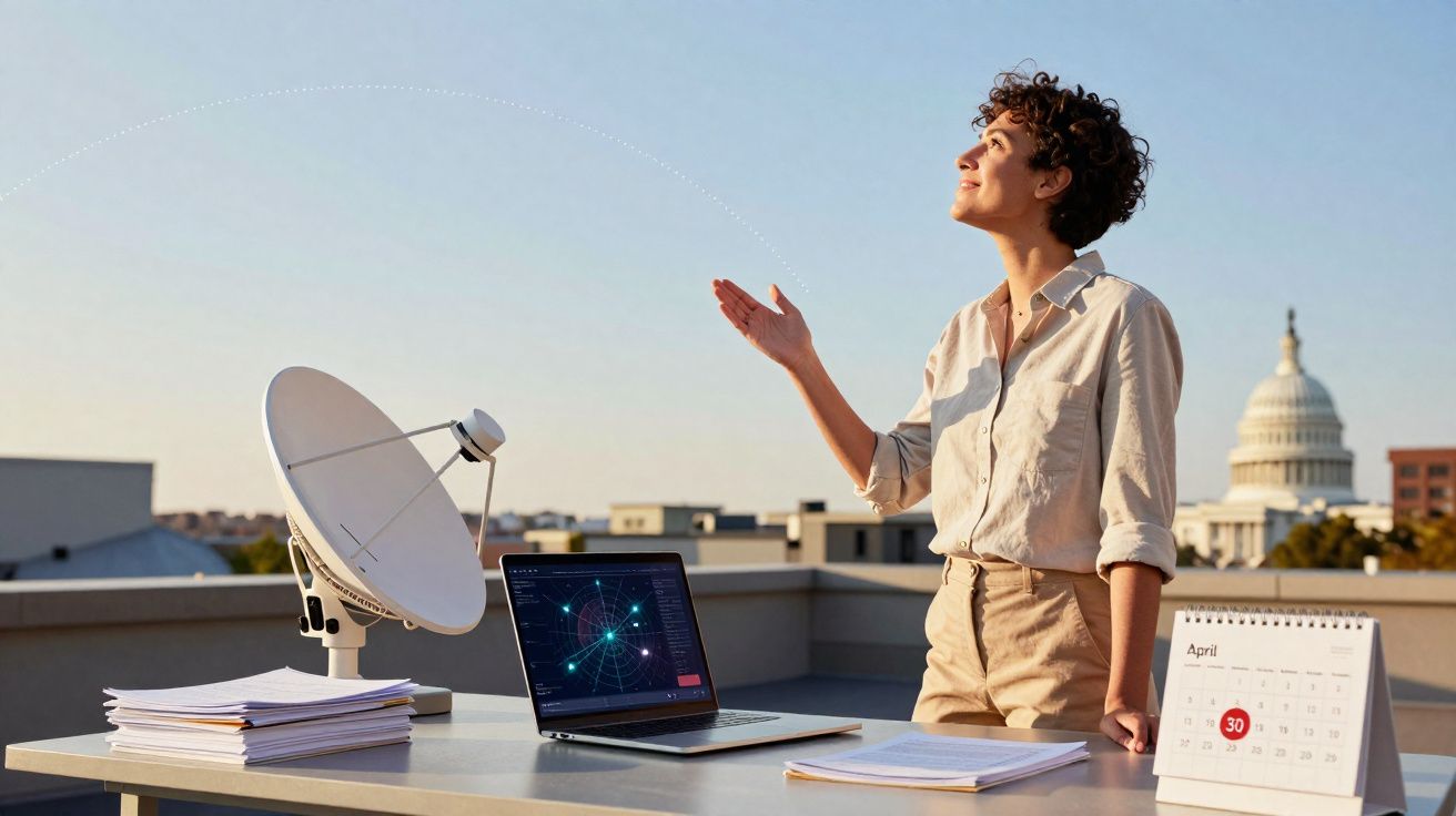 Mulher observando satélite com antena, laptop e calendário em mesa ao ar livre, edifício com cúpula ao fundo.