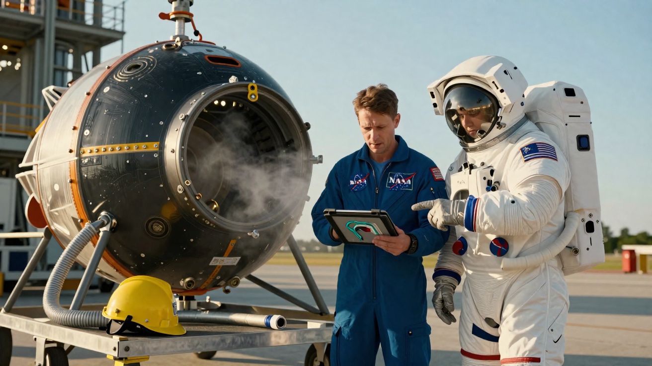 Técnico da NASA e astronauta em traje espacial observam equipamento esférico em área externa.