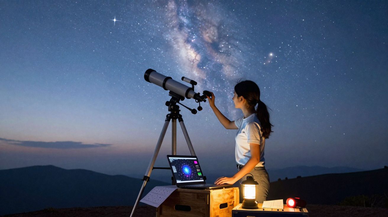 Mulher observa o céu estrelado com telescópio, computador, lanternas e livros ao entardecer.