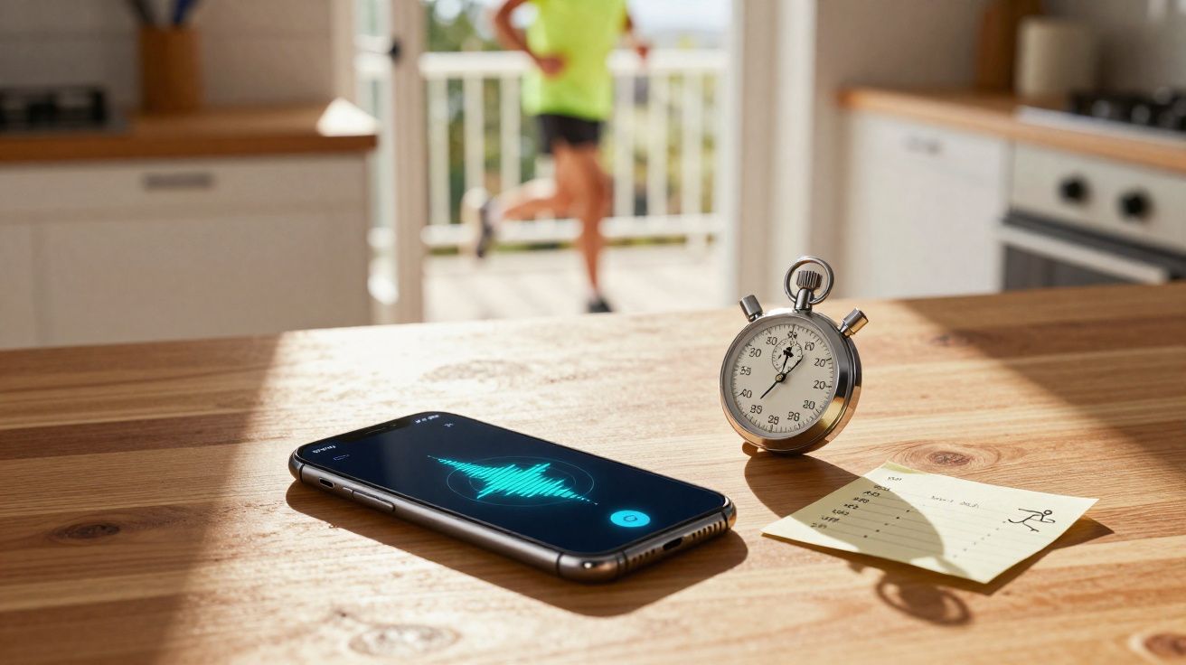Celular com áudio, cronômetro e anotação sobre corrida em bancada de cozinha, com pessoa correndo ao fundo.