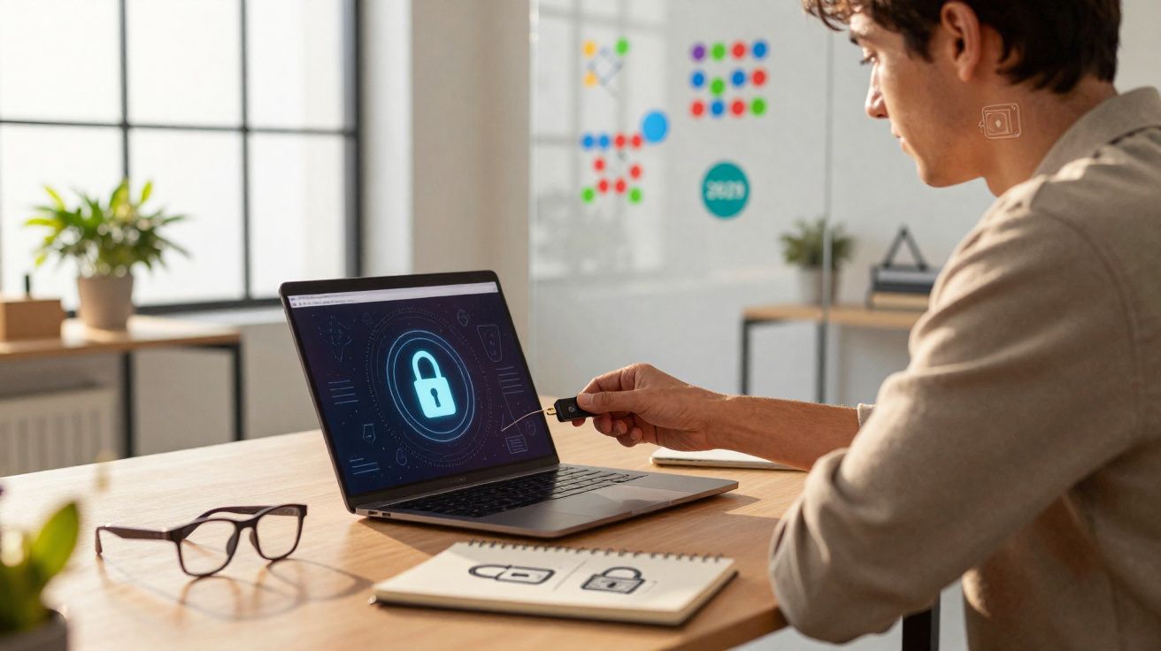 Homem conecta dispositivo USB em laptop mostrando tela com ícone de cadeado para segurança digital.