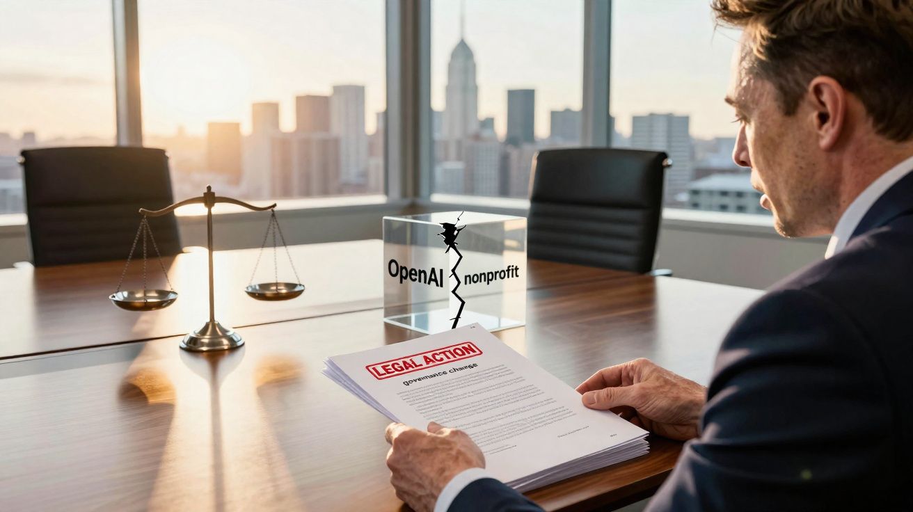 Homem de terno olhando documentos legais com símbolo da balança e logo OpenAI nonprofit rachado na mesa.