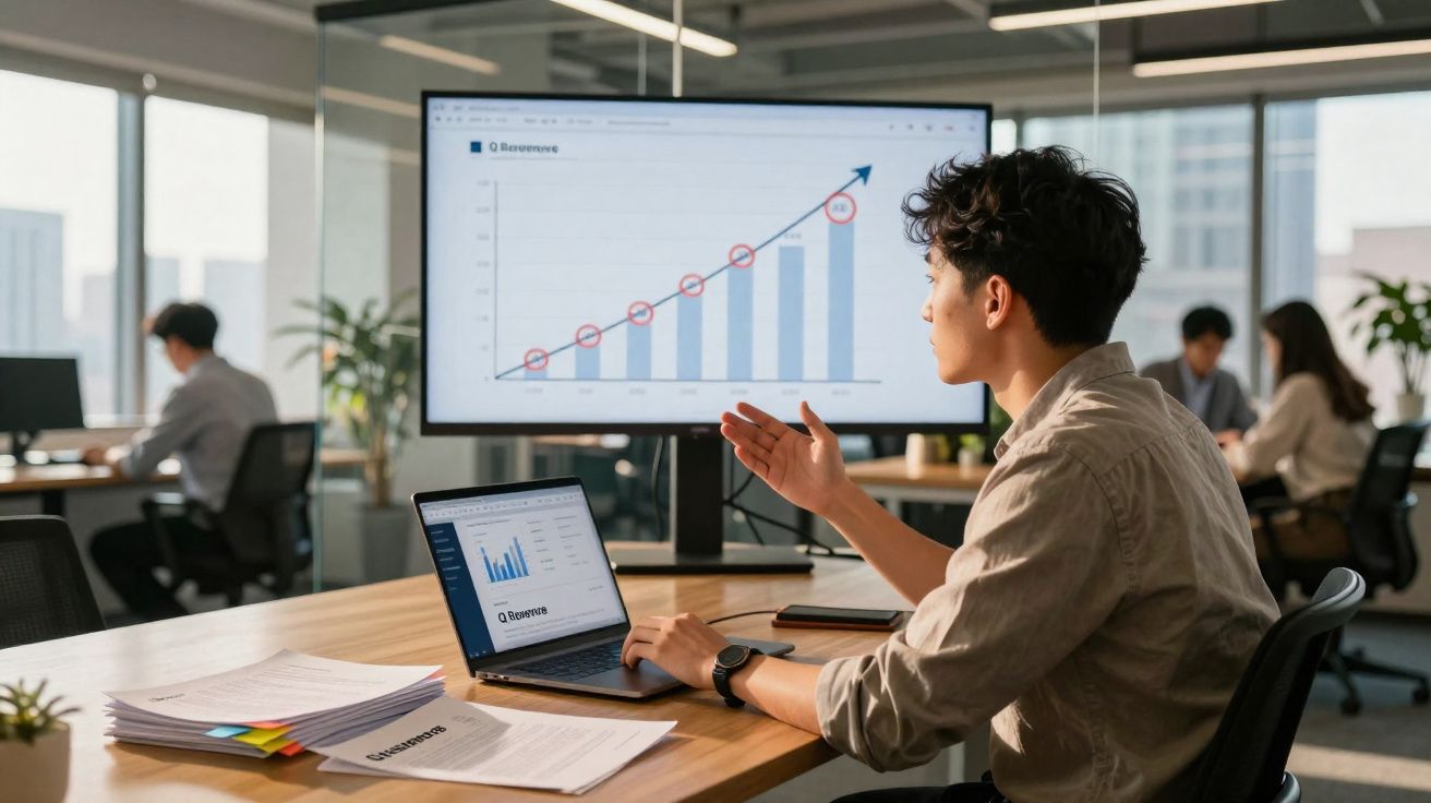 Pessoa jovem explicando gráfico de crescimento em reunião de escritório moderno com computadores.