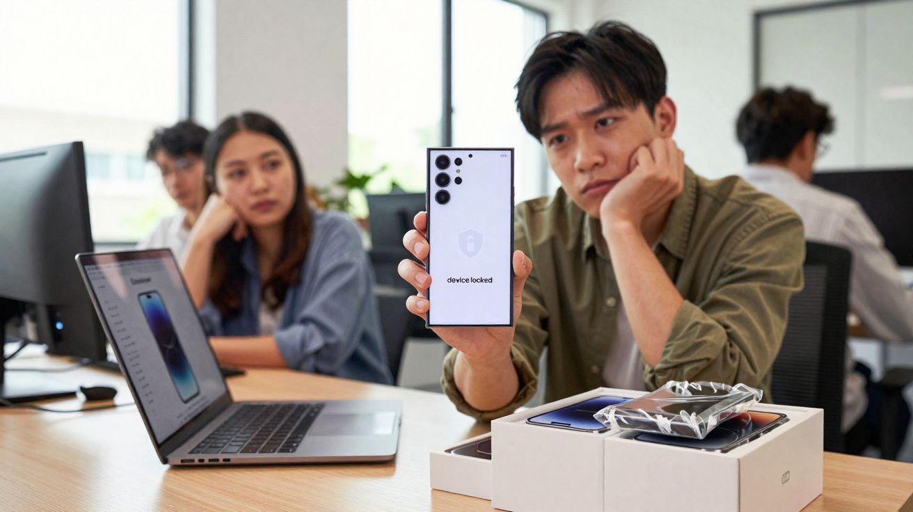 Homem mostrando smartphone bloqueado "device locked" enquanto colega observa em escritório moderno.