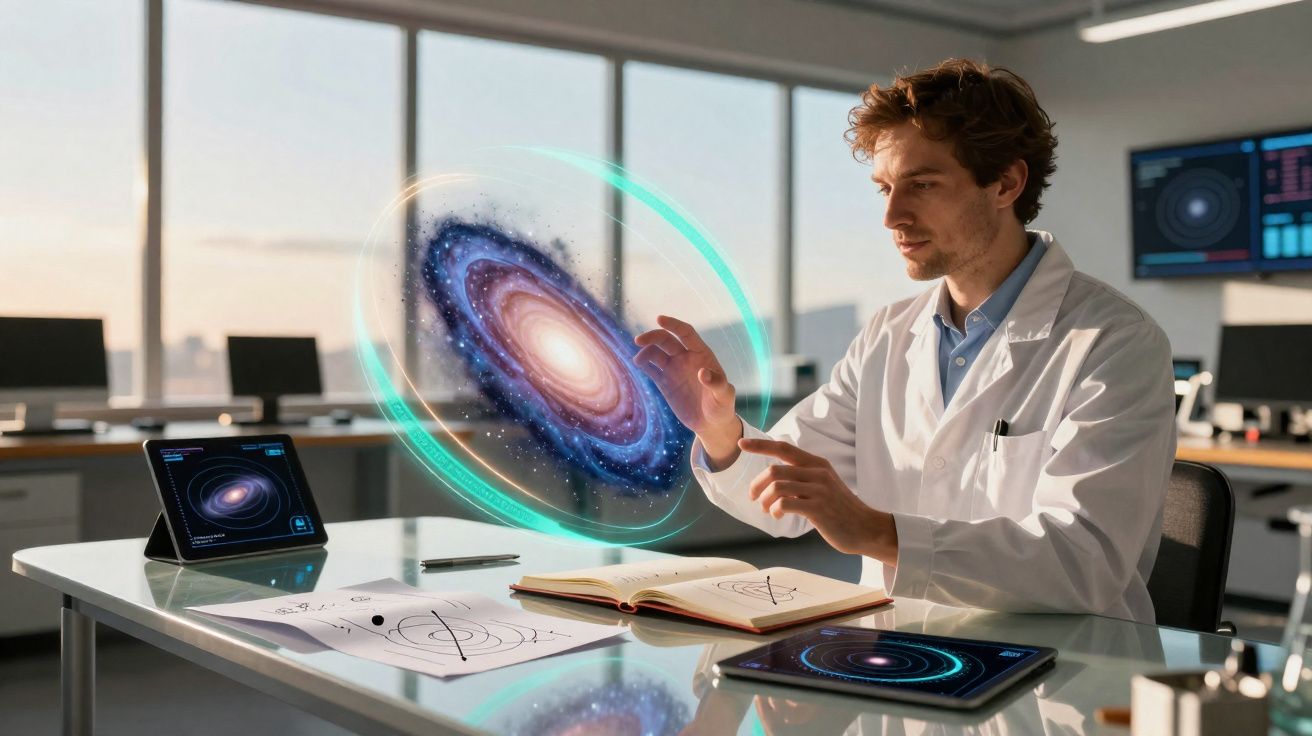 Cientista em laboratório interage com holograma de galáxia flutuando sobre mesa com tablets e cadernos.