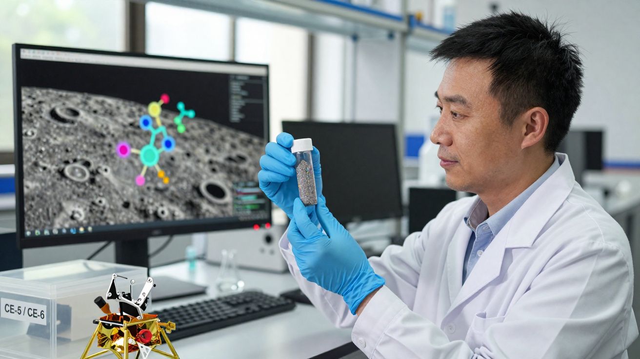 Cientista com jaleco e luvas azuis analisa amostra em laboratório com imagem lunar na tela.