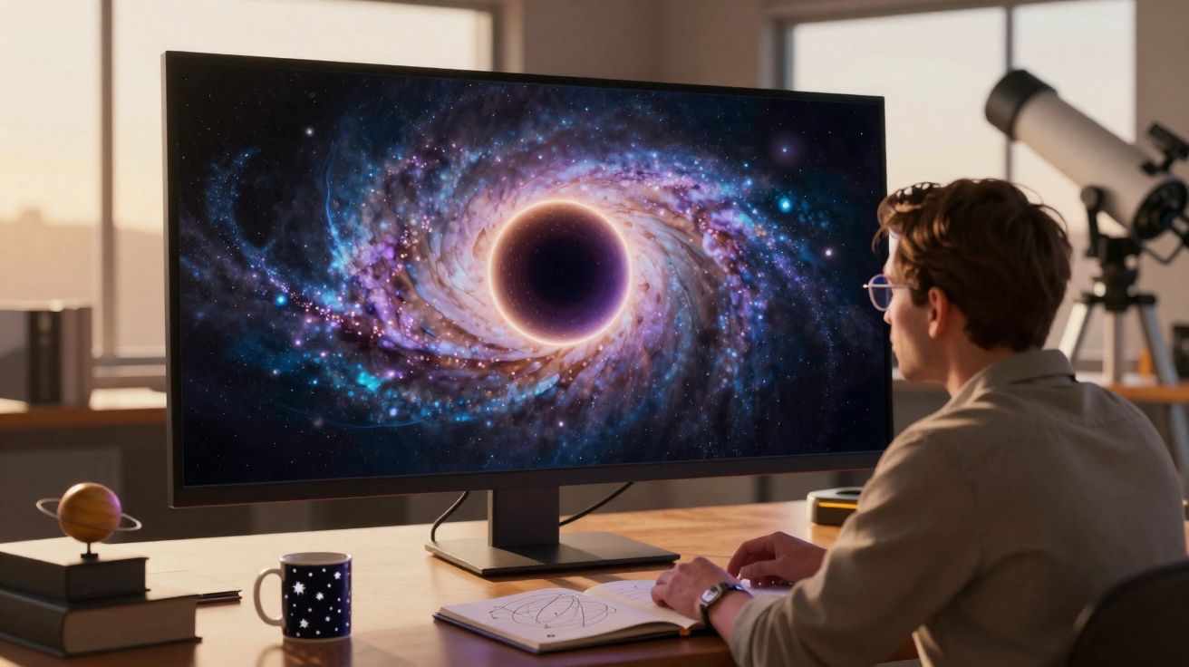 Pessoa estudando buraco negro em tela grande com objetos espaciais na mesa em ambiente iluminado.