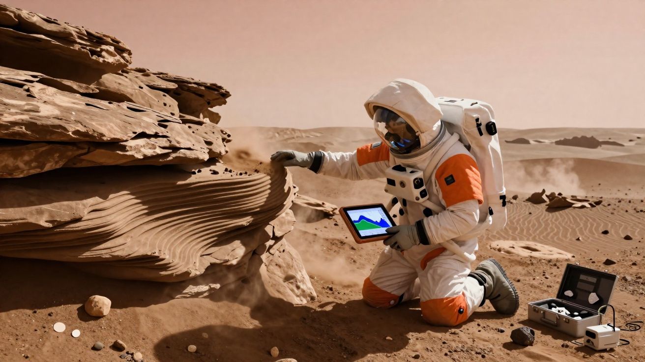 Astronauta em traje espacial analisa rocha estratificada no deserto com tablet e equipamento científico.