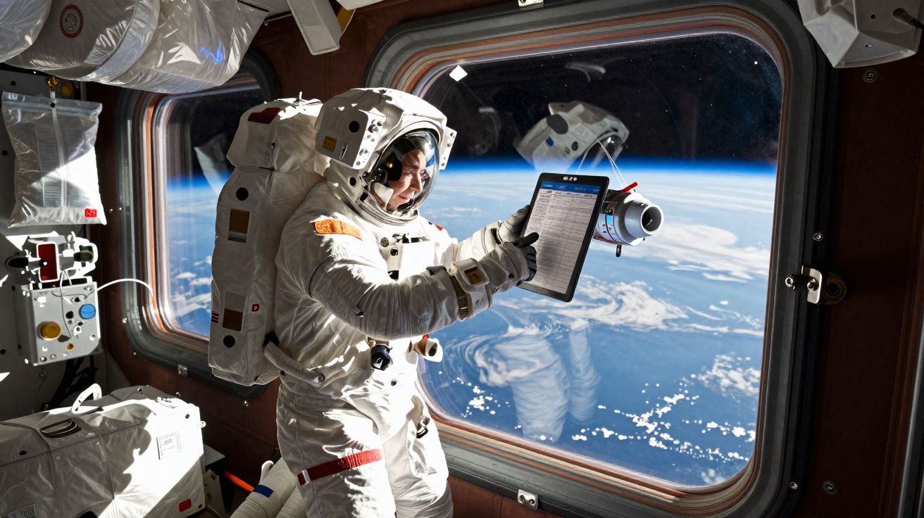 Astronauta em traje espacial segurando um tablet dentro da estação espacial com a Terra ao fundo pela janela.
