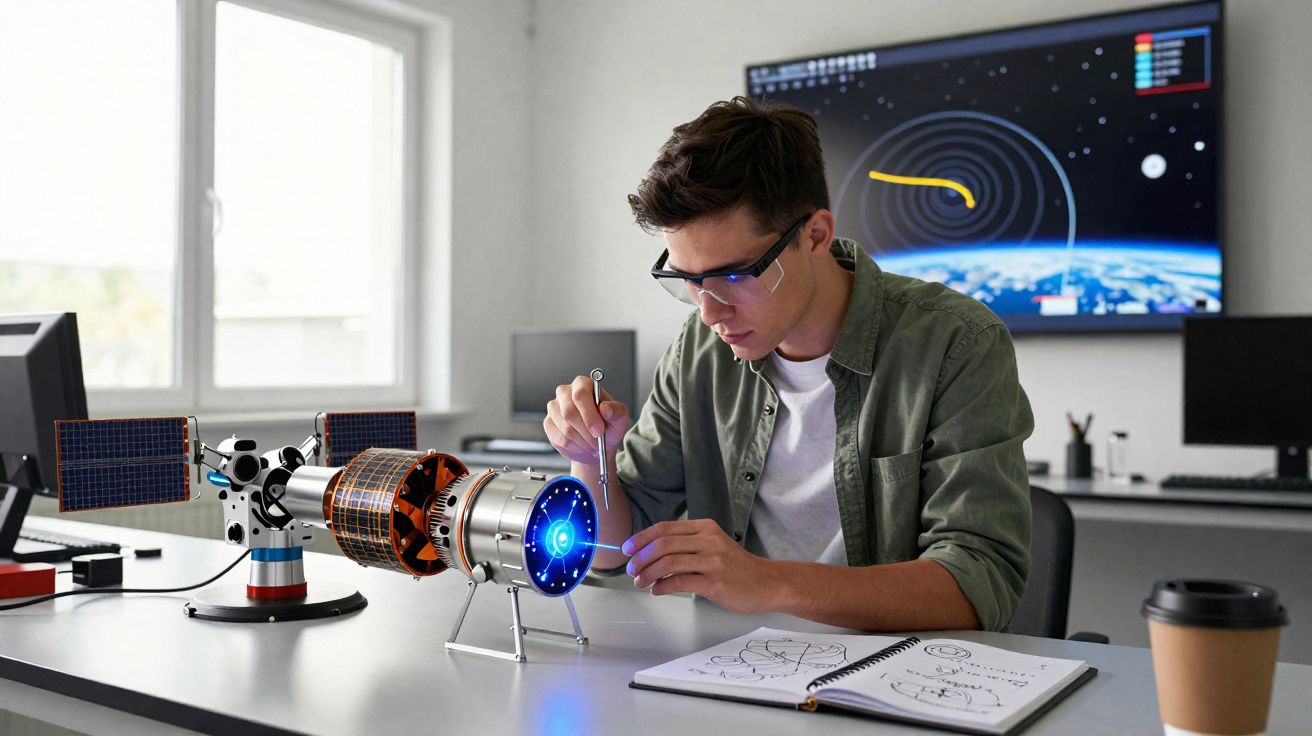 Jovem estudante trabalha em modelo espacial com ferramentas em mesa de laboratório de tecnologia.