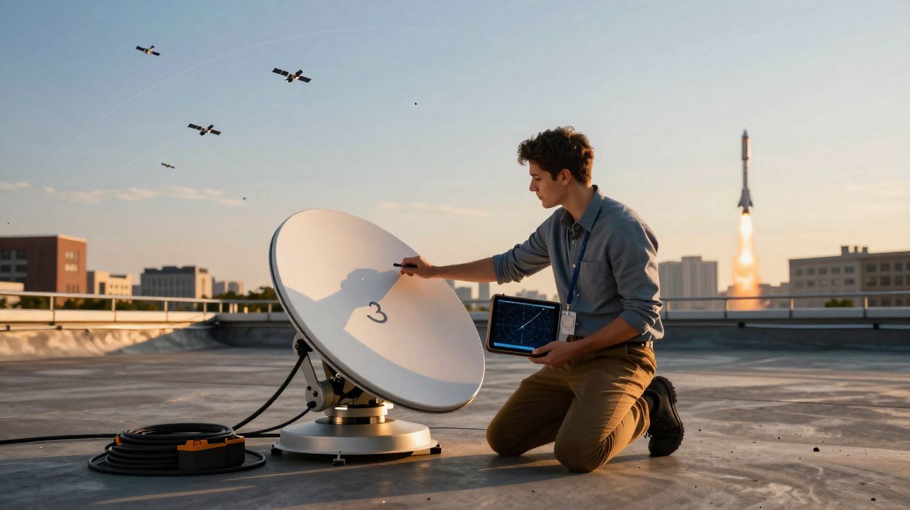 Jovem ajusta antena satélite na cobertura com tablet, foguete decola ao fundo e satélites voam no céu.