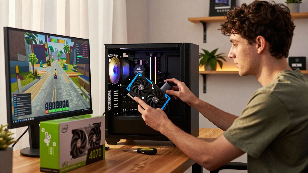 Jovem instala placa de vídeo em computador desktop ao lado de monitor com jogo aberto em ambiente interno.