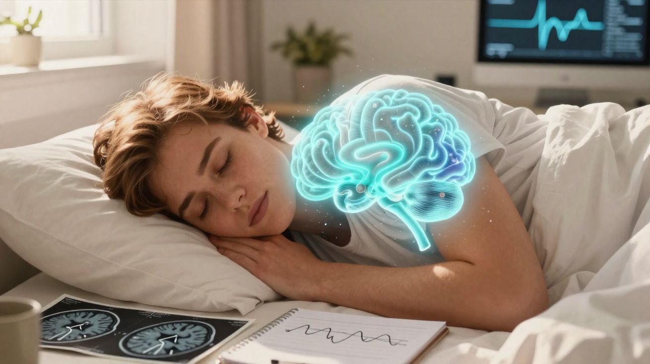 Pessoa dormindo apoiada no travesseiro com ilustração brilhante de cérebro ao lado e exames cerebrais ao redor.