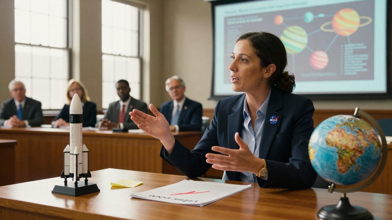 Mulher explicando missão espacial com foguete, globo terrestre e painel com planetas ao fundo em reunião.