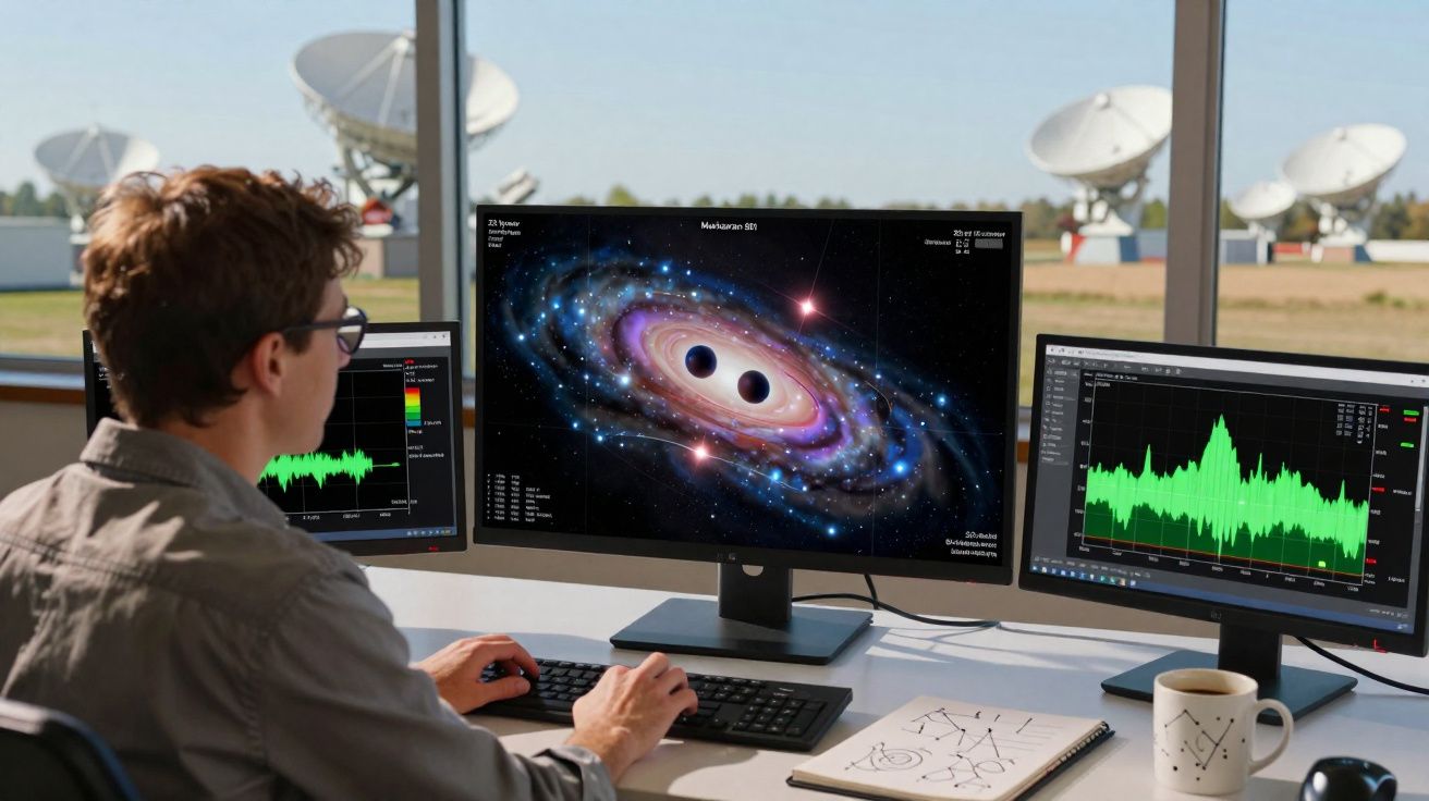 Pessoa em escritório observando simulação de buracos negros com gráficos em três monitores, antenas parabólicas ao fundo.