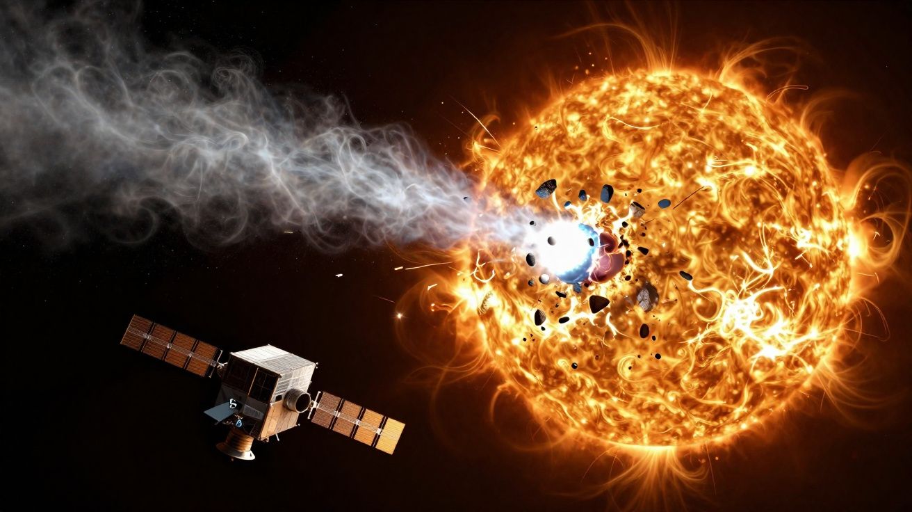 Sonda espacial observando explosão ejetando fragmentos e gás de uma estrela brilhante no espaço.