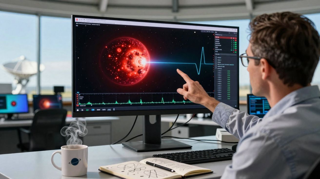 Homem analisando dados astronômicos de uma estrela vermelha em tela de computador em escritório moderno.