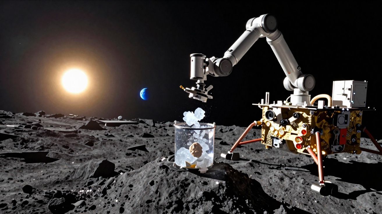 Robô explorador coleta amostra na superfície rochosa da lua com a Terra e o sol ao fundo.