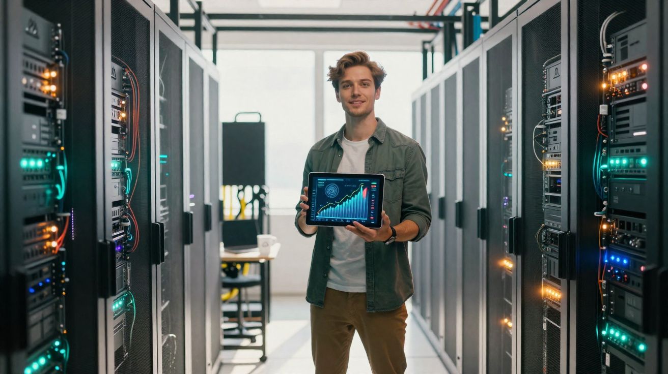 Jovem em sala de servidores segurando tablet com gráfico de crescimento econômico.