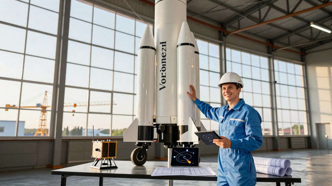 Engenheiro em macacão azul e capacete branco ao lado de modelo de foguete Vorónezh em fábrica moderna.
