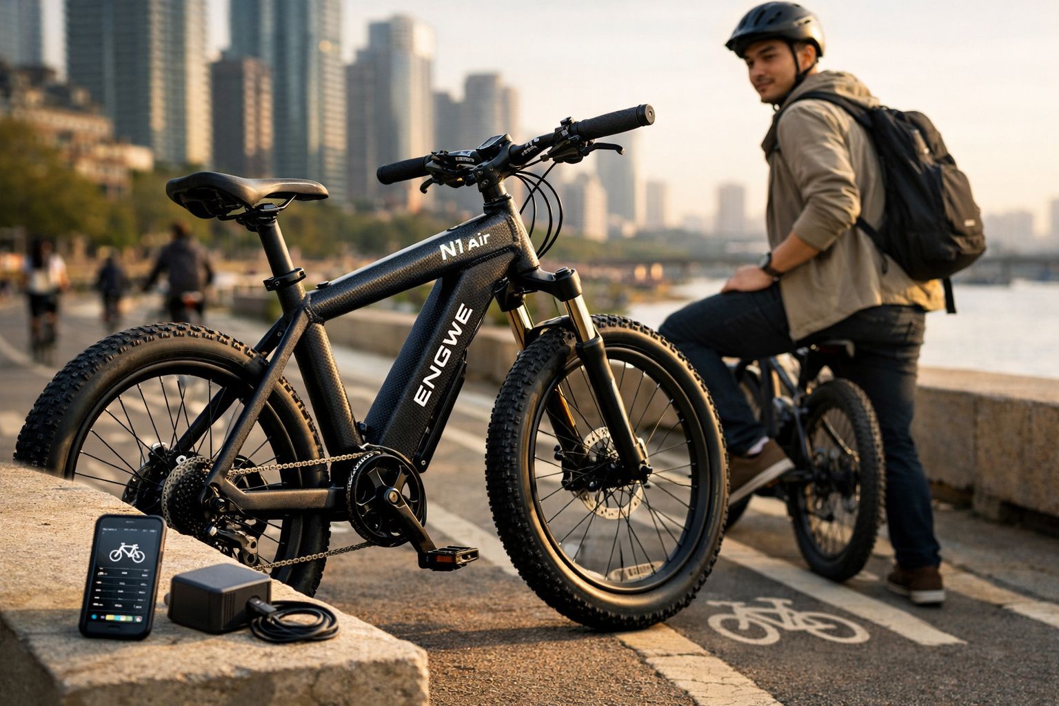 Bicicleta elétrica ENGWE N1 Air estacionada em ciclovia urbana com homem ao fundo usando capacete e mochila.