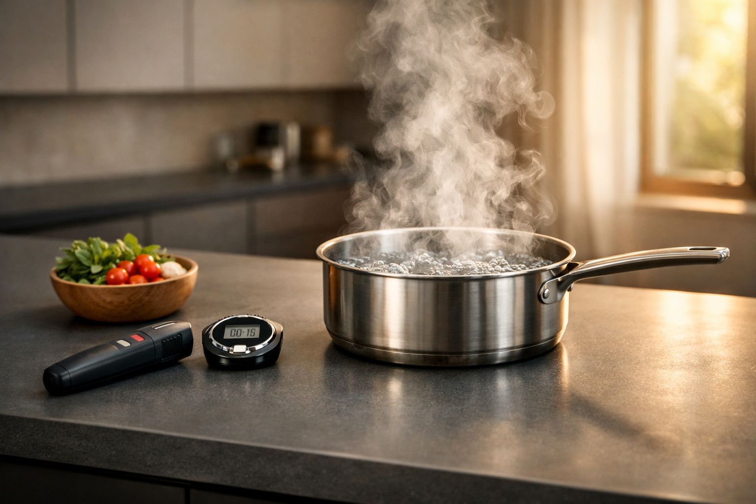 Panela de aço inoxidável fervendo sobre bancada com temporizador, termômetro digital e tigela de legumes.