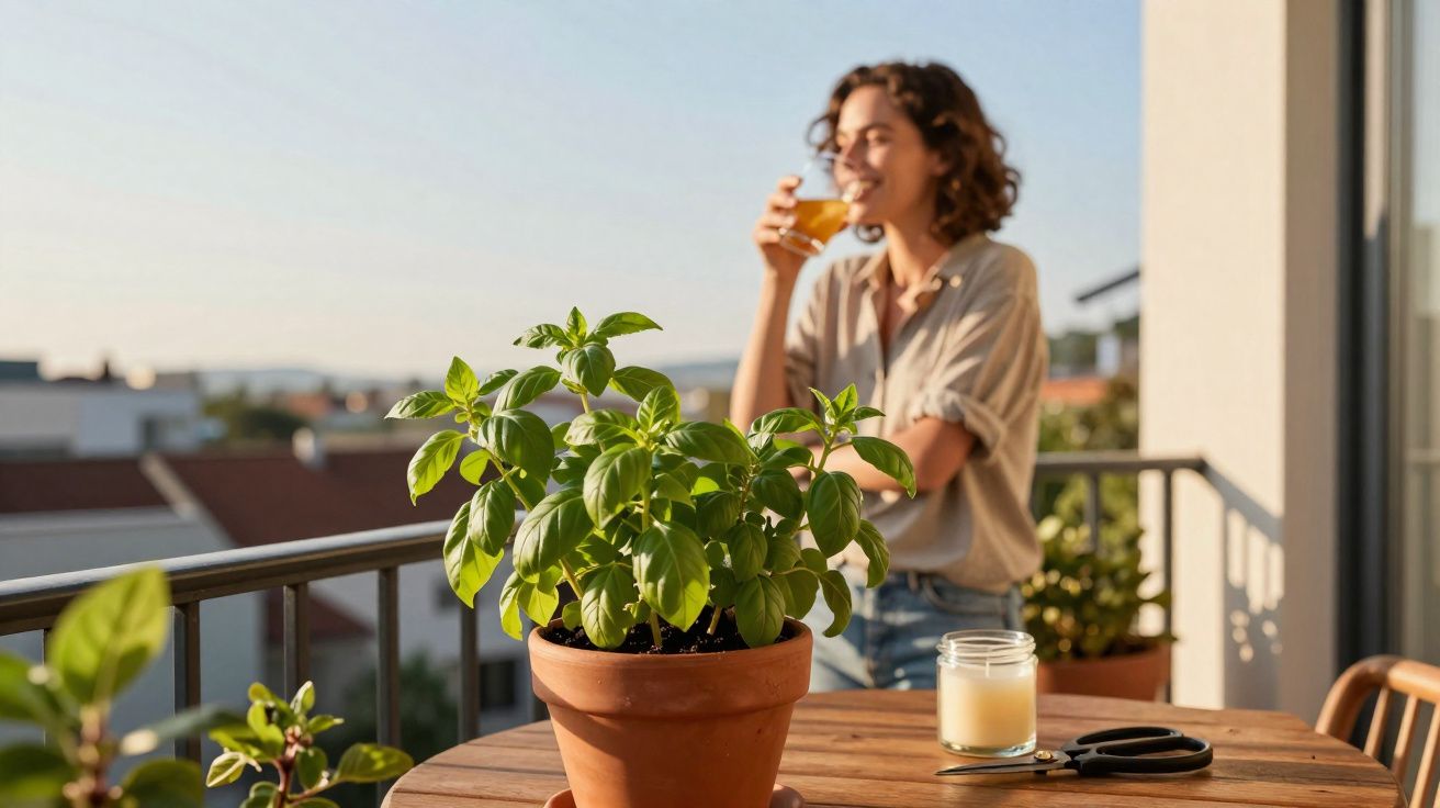 Vaso de manjericão em mesa na varanda com mulher ao fundo apreciando suco ao pôr do sol.