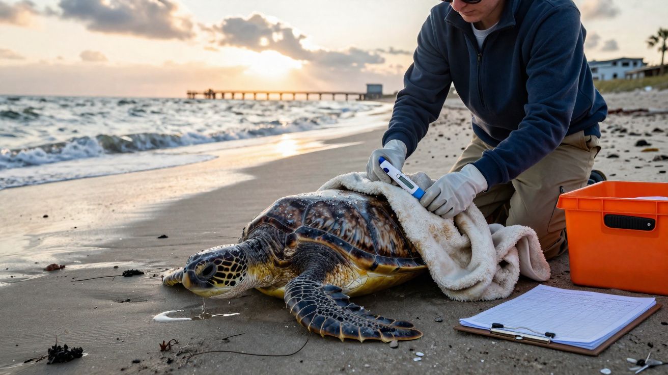 Pessoa realizando exame de tartaruga marinha na praia ao pôr do sol, com prancha e caixa laranja ao lado.
