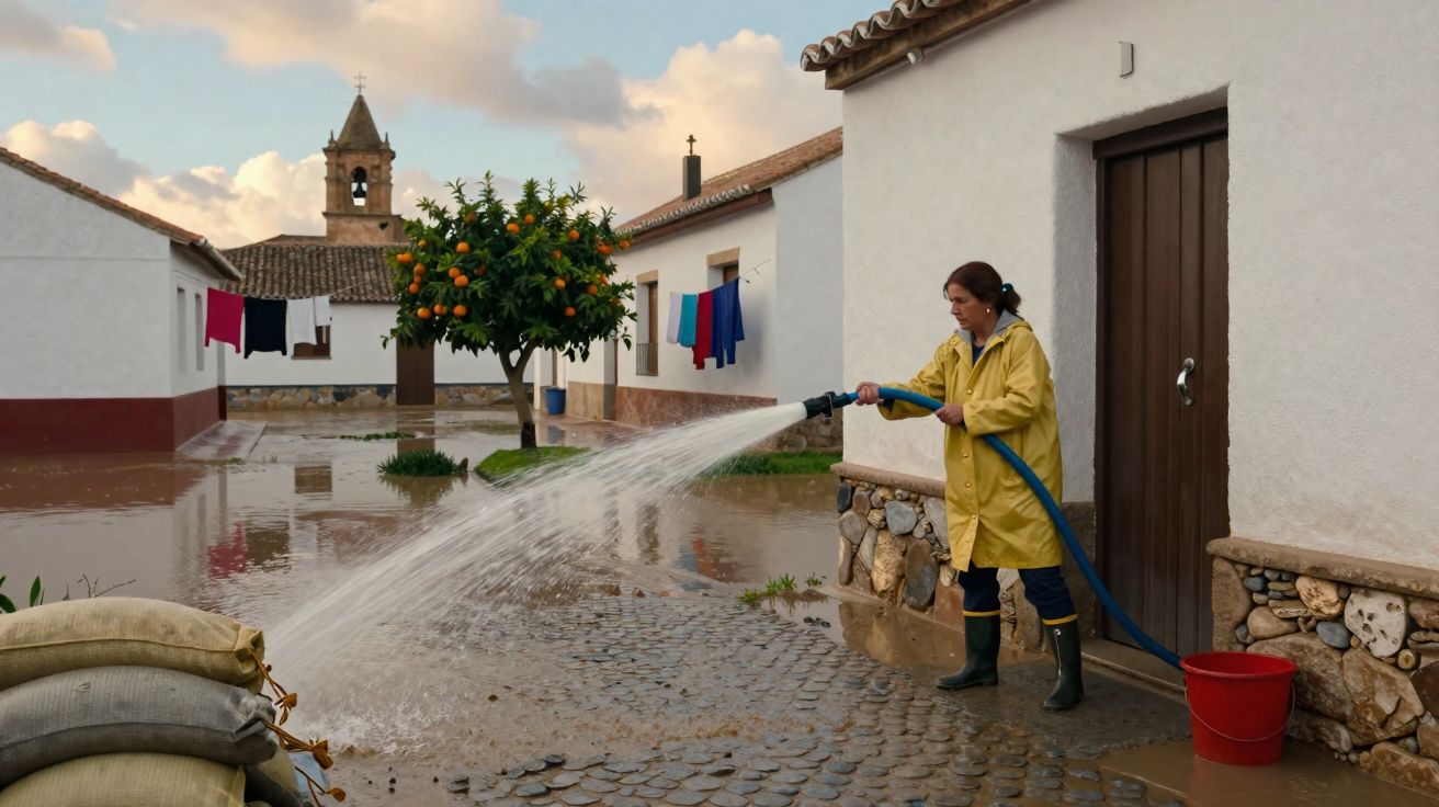 Mulher de capa amarela e botas molha rua alagada com mangueira em vila com árvore de laranjas e roupas no varal.