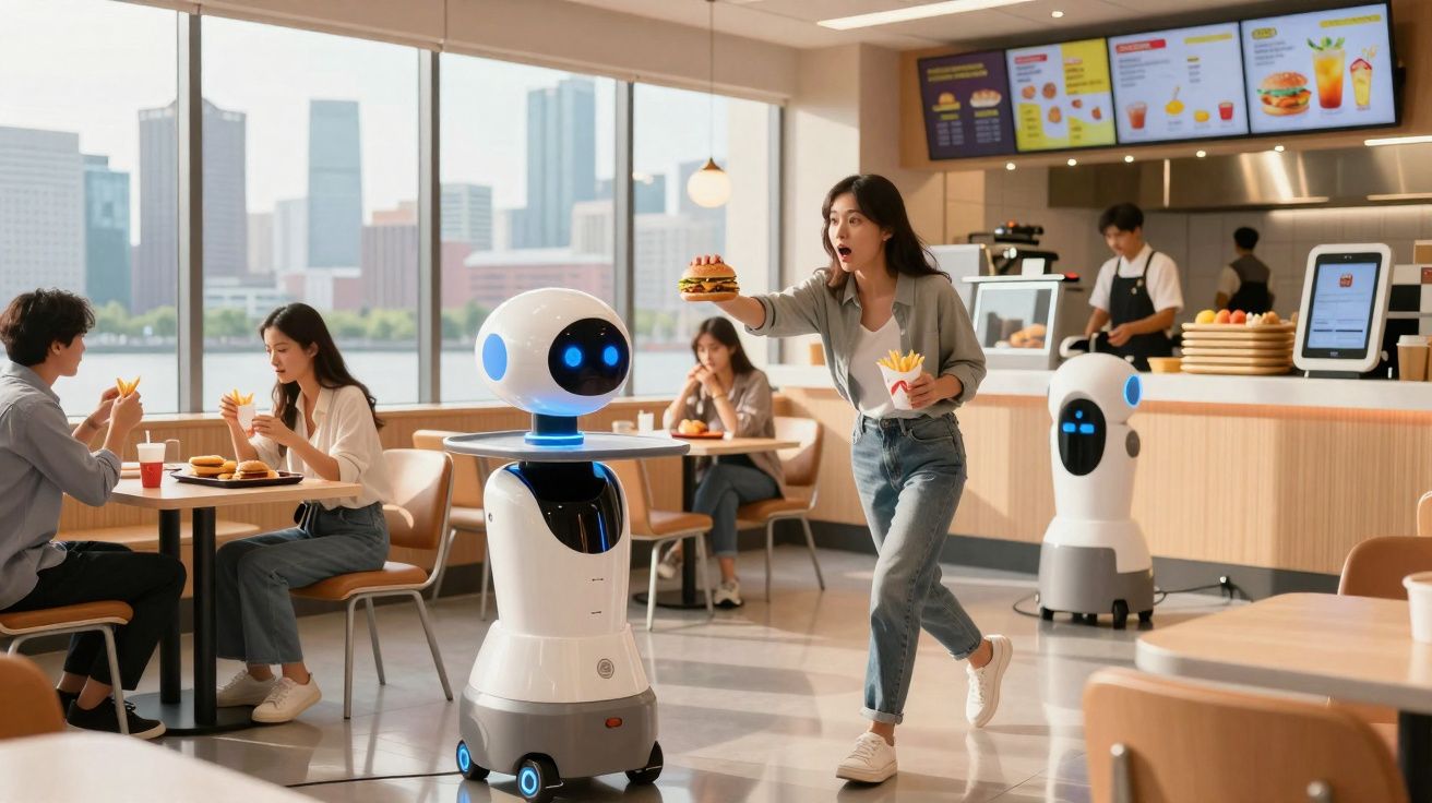 Restaurante moderno com clientes e robôs entregando hambúrguer e batatas fritas.