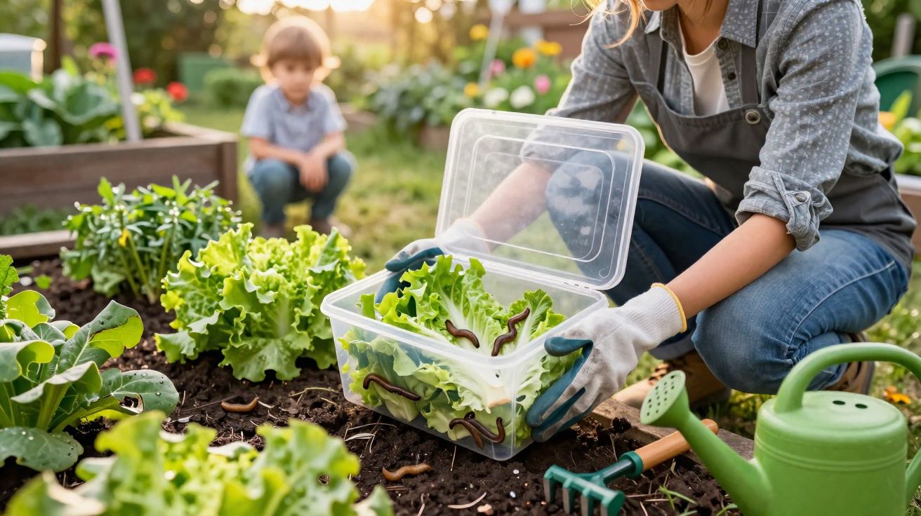 Pessoa colhendo minhocas em recipiente com alface em jardim, criança observa ao fundo.