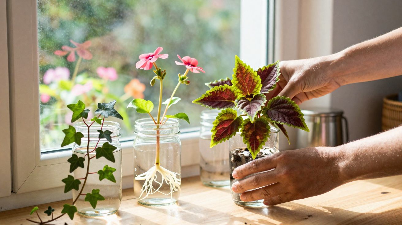 Mãos cuidando de plantas em frascos de vidro com água e terra sobre mesa próxima à janela ensolarada.