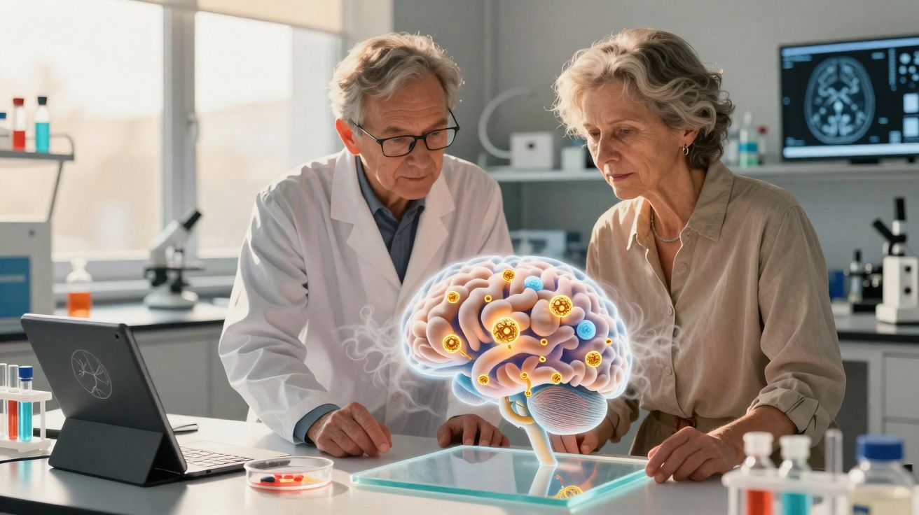 Dois cientistas analisando modelo holográfico de cérebro com vírus em laboratório moderno.