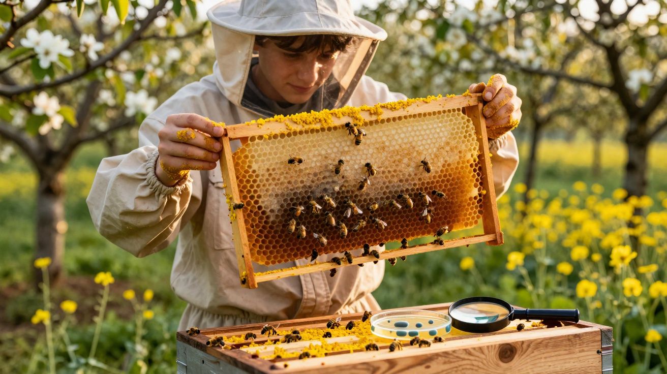 Apicultora segurando quadro de colmeia com abelhas em campo com flores e árvores ao fundo.