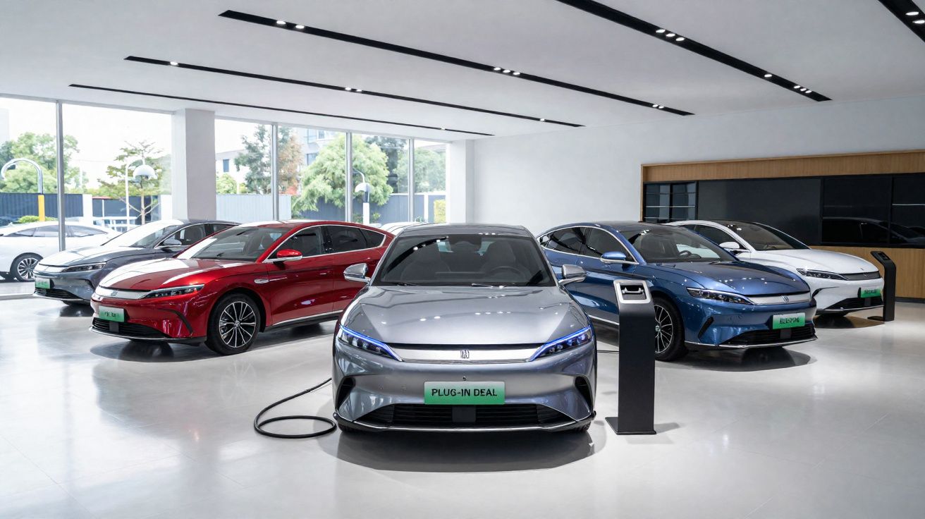 Concessionária moderna com cinco carros elétricos plug-in em diferentes cores expostos em área iluminada.