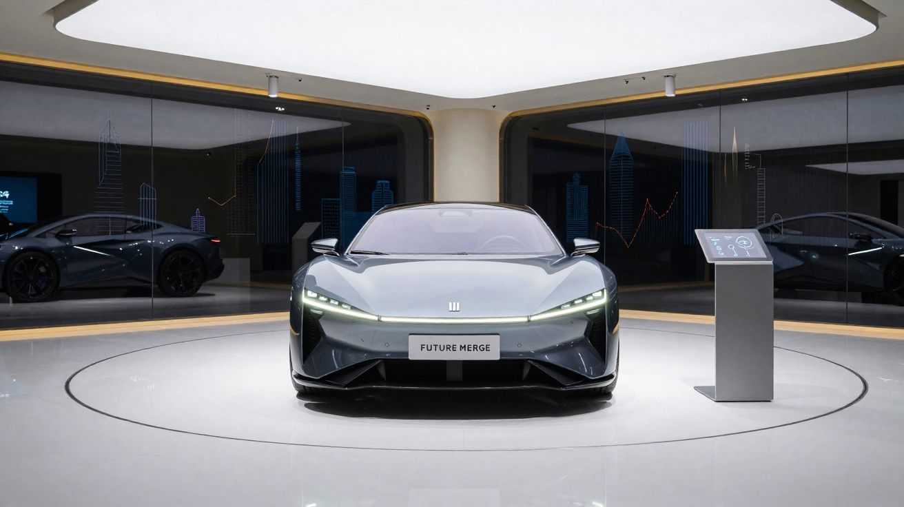 Carro futurista elétrico cinza exibido em sala moderna com luz branca e placa "FUTURE MERGE".