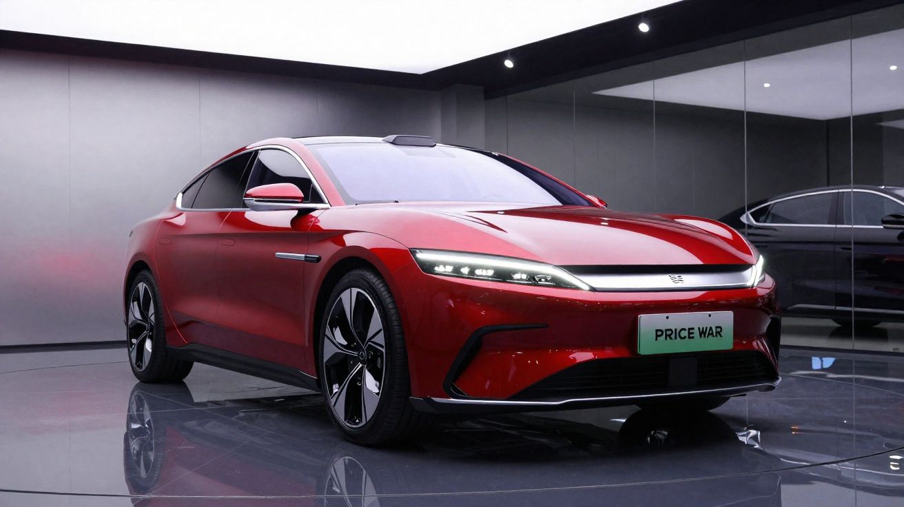 Carro elétrico vermelho com design moderno apresentado em ambiente interno com piso refletivo.