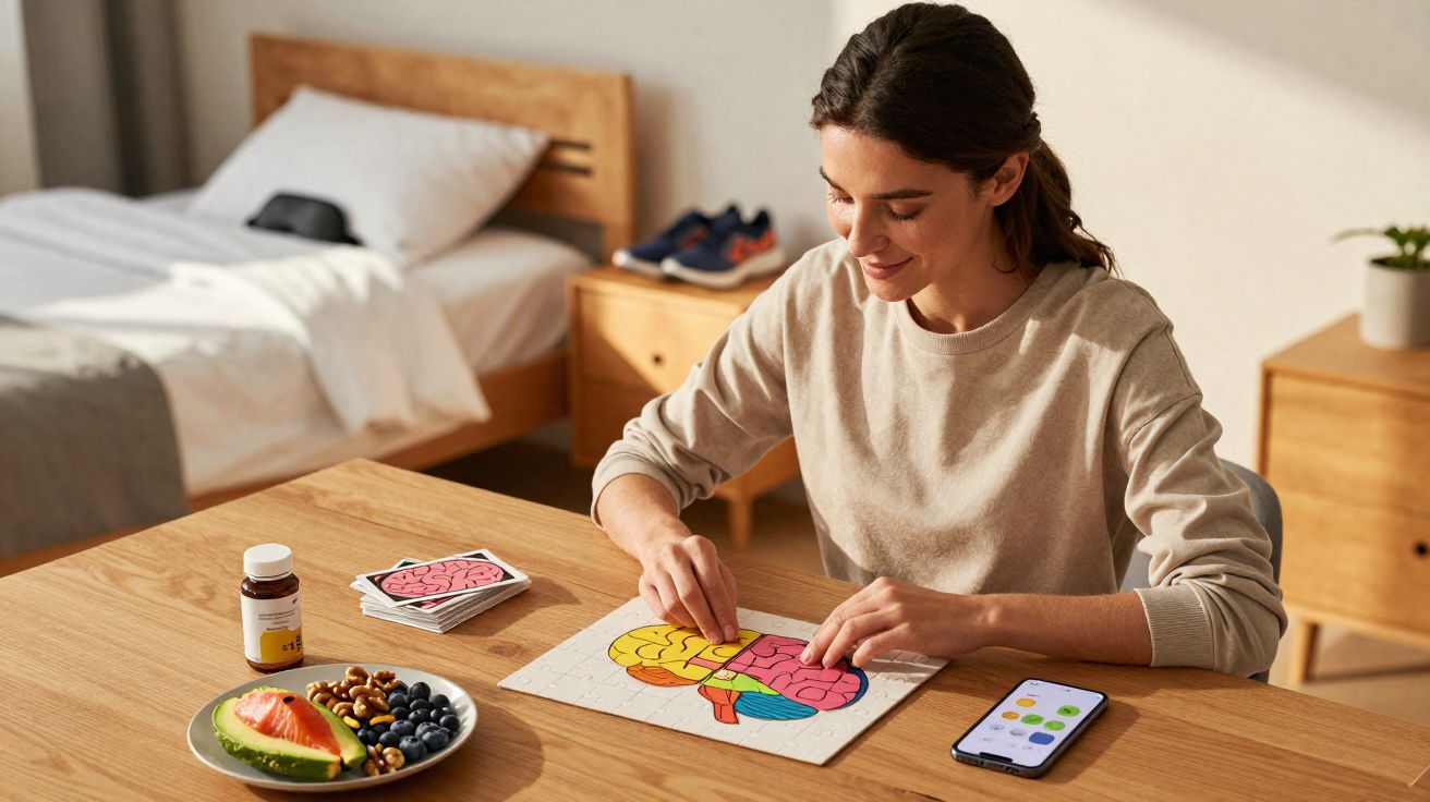 Mulher montando quebra-cabeça colorido em mesa com comida, remédio e celular ao lado.