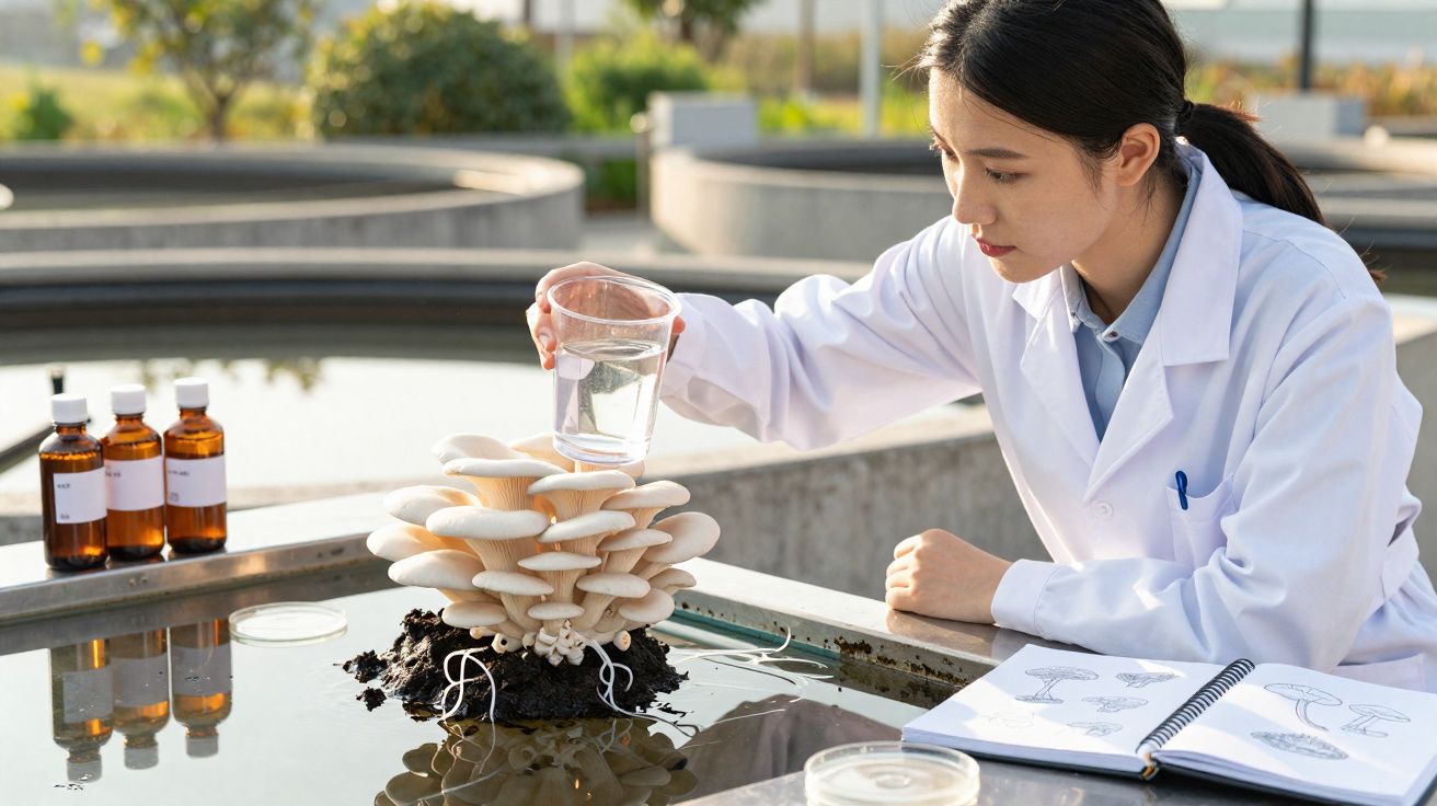 Pesquisadora regando cogumelos cultivados em laboratório ao ar livre com caderno de anotações ao lado.
