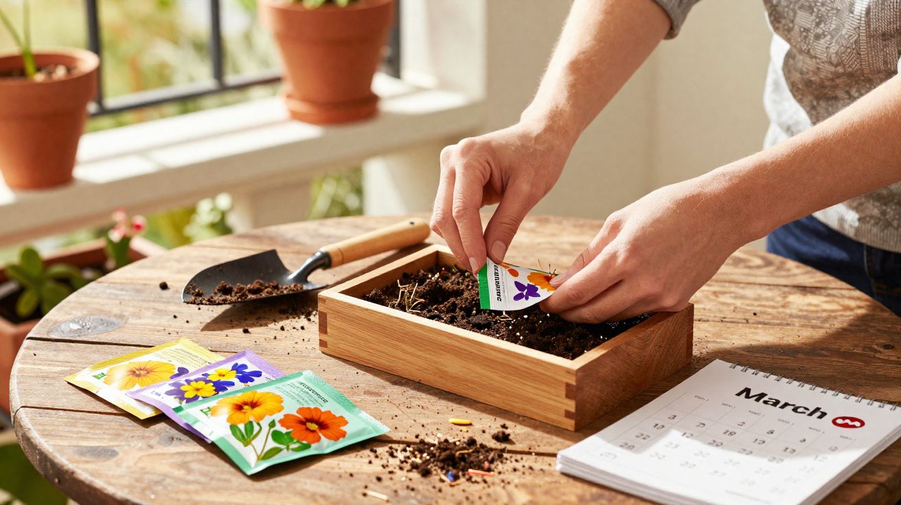 Pessoa plantando sementes em caixa de madeira sobre mesa com calendário e pacotes de sementes.